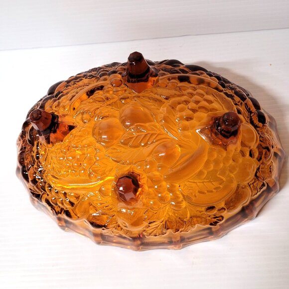 Indiana Glass Fruit Harvest Grape Amber Footed Oval Bowl Amber Fall 12'' USA - Picture 6 of 7
